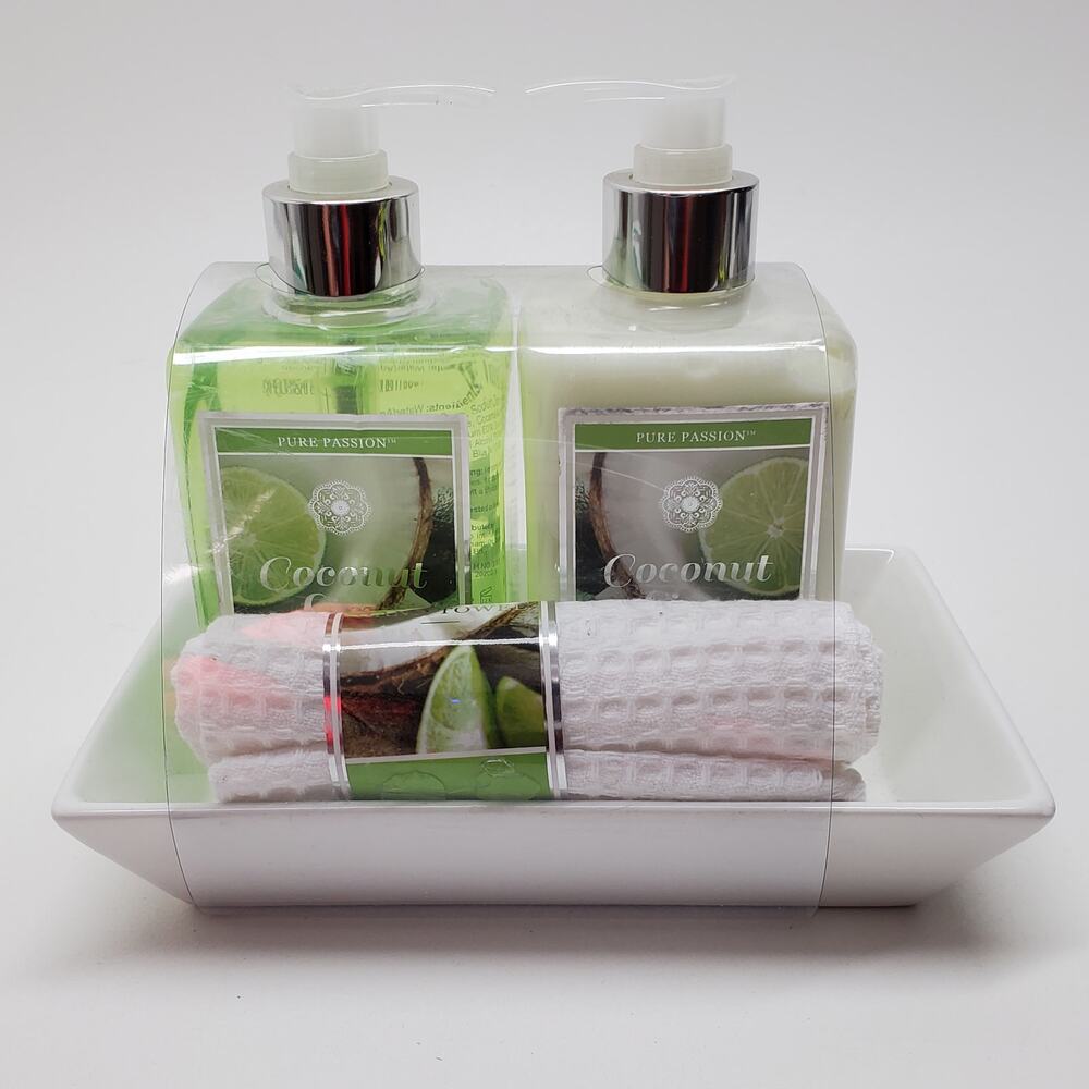 Pure‎ Passion Coconut Lime Hand Soap & Lotion Dish and Towel Gift Set NEW